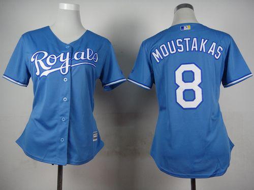Royals #8 Mike Moustakas Light Blue Alternate 1 Women's Stitched MLB Jersey - Click Image to Close